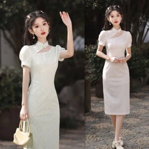 Improved New Chinese Style Short Sleeve Robe Qi Pao Spring and Summer Fashion Girl’s Daily Cheongsam Skirt
