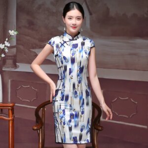 Summer New Improved High Quality Real Silk Printed Casual Mid-Length Cheongsam Qipao Women’s Dress