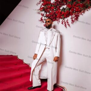 White Men Suits Set 2 Piece Long Blazer+Pant Luxury Crystals Wedding Tuxedo Coat Customized Formal Office Cotton Jacket Trousers