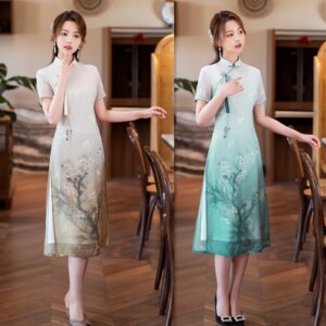 Ethnic Style Improved Cheongsam Qi Pao Skirt Summer New Fashion Improvement Chiffon Embroidered Large Long