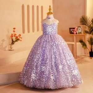 Jill Wish Elegant Shiny Dubai Lilac Girl Dress Beading Princess Kids Wedding Birthday Party Prom Gown Holy Communion 2025 J242