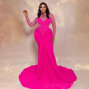 Fuchsia Mermaid Prom Dresses Beaded Sequin Formal Evening Gown Plus Size Satin Birthday Anniversarity vestidos de novia