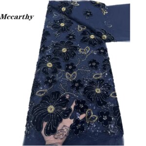 African Velvet Sequined Lace Fabric 2025 High Quality Embroidery Nigerian French Mesh Beads Lace Fabric For Sew Wedding Dress