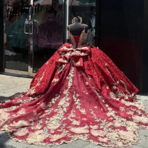 Red Spaghetti Straps 3D Flowers Bow Quinceanera Dresses Ball Gown Gold Appliques Lace Corset Vestidos De 15 Años