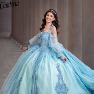 Glittering light blue quinceanera dresses with bow luxury lace flowers vestidos de 15 anos birthday party princess