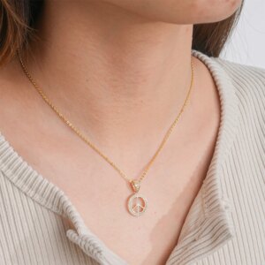 IOGOU 14K Solid Gold Zircon Peace Sign Round Pendant for Men Hiphop Unique Gift With 925 Silver Link Chain Women Fine Jewelry