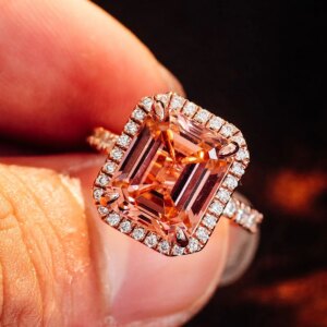 Provence  Luxury wedding Ring Solid Gold Emerald cut Lab Gemstone DEF/VS Lab Diamonds Halo Ring 3/4 band Engagement band Custom