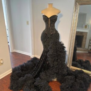 Glitter Black Mermaid Prom Dress 2025 Crystal Rhinestones Gems Bead Sequins Ruffle Birthday Party Evening Gown Customized