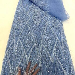 Sky Blue African Lace Fabric Beaded Sequins Embroidery 2025 High Quality French Mesh Lace Fabric for Women Designs Sewing Q357-1