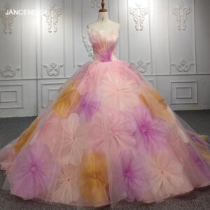 Jancember New Design Princess Pink Dress Strapless Organza Bar Mitzvah Appliques Ball Gown With Flowers Avondjurken DY9909