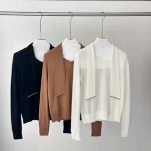 Cashmere Beaded Sweater for Women Autumn Lace-up Collar Long Sleeve Elegant Ladies Knitted Pullover