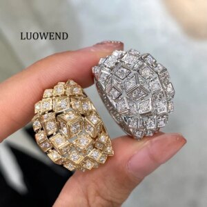 LUOWEND 100% 18K White/Yellow Gold Rings Luxury Fashion Design Real Natural Diamond Engagement Ring for Women High Party Jewelry