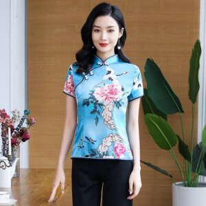 Preppy Style Retro High Quality Real Silk Blue Stand Collar Short Sleeve National Cheongsam Qipao Women’s Dress Top