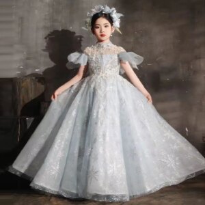 Jill Wish Luxury Blue Beaded Girl Dress Court Train Puffy Sleeve Arab Kids Princess Wedding Birthday Party Holiday Gown J319