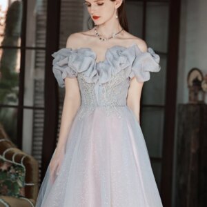 Elegant Gray Blue Celebrity Dresses Off Shoulder Beading Sequined Applique A Line Long Lace Up Wedding Party Prom Evening Gowns