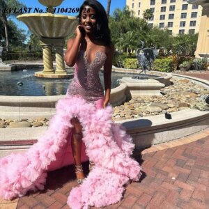 EVLAST Customized Pink Ruffles Prom Dress 2025 BlackGirl High Slit Rhinestone Crystal Beaded Birthday Party Gala Gown E3P265