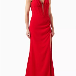 Customized Elegant Formal Occasion Tailing Evening Dress Sleeveless Deep V Mesh Neckline Pleated Clothes Height Slit Dance Dress