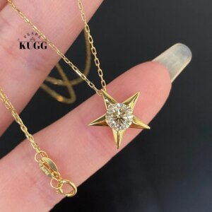 KUGG 100% 18K Yellow Gold Necklace Elegant Shiny Design 0.70carat Real Natural Diamond Pendant Necklace for Women Party Jewelry