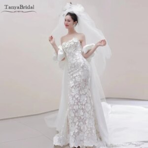 Luxury 3D Lace Flowers Wedding Dress ,Mermaid Strapless Boho Bridal Gowns With Detachable Elegant Cape DW968