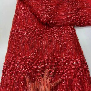 Red African Lace Fabric 2025 Sequins Beaded Embroidery Groom Nigerian Bridal High Quality French Tulle Lace Fabric For Wedding