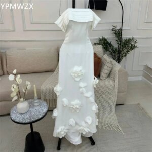 Customized Prom Gown Evening Formal Dress Women YPMWZX Off-the-shoulder Mermaid Floor Length Skirts Shirred Applique 3D Flower B