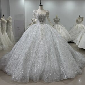 Vestidos De Noiva Casamento Long Sleeve O-Neck Keyhole Back Wedding Dress Beading Sequined Star Crystal Ball Gown Bridal Dress