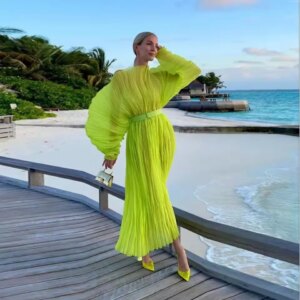 Elegant Green Fold Organza Holiday Women Dresses Illusion Puff Sleeves A-line Ankle Length Maxi Gowns Robe