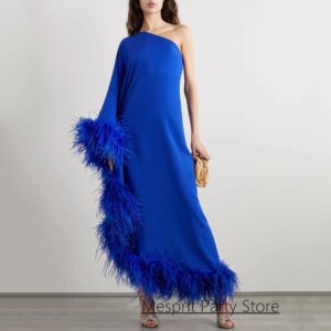 Royal Blue Feathers Evening Dress Customized One Shoulder High Quality Formal Prom Gown A Line Ankle Length Party Dresses