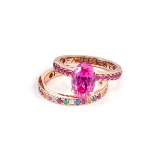 Provence jewelry 10K rose gold oval pink lab sapphire ring set full rainbow gemstone eternity band engagement wedding ring set