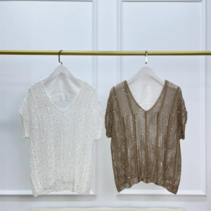Sequined Hollow Out Women’s Knitted Pullover V-Neck Short Sleeve Solid Color Elegant Ladies Sweater