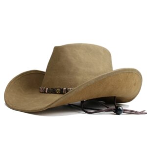 Make old woven leather belt men’s and women’s large brimmed cowboy hat windproof sunshade warm top