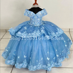 Sky Blue Princess Mini Quinceanera Dresses Elegant Strapless 3D Floral Applique Ruffle Puffy vestidos de fiesta Customised