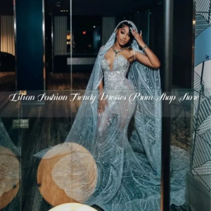 Silver Gorgeous African Mermaid Prom Gowns Hijab Not Included Sexy Sheath Inlaid Sequins See Through Mesh Party Dresses Custom