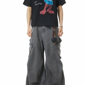 Niche Retro Deconstructed Profile Multi-Pocket Draping Overalls American Washed Smoky Gray Loose-Fitting Wide-Leg Trousers