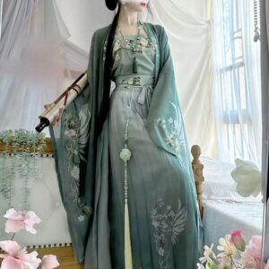 Hanfu Dress Women Chinese Vintage Hanfu Sets Halloween Cosplay Costume Printed Hanfu Green 3pcs Sets