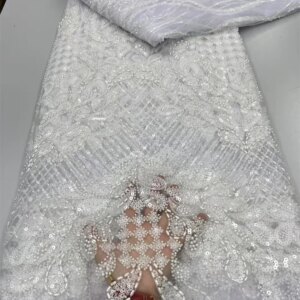 African Lace Fabric 5 Yard High Quality 2025 White African Dress Latest Nigerian Lace Fabric White Beads Sequin for Women Q326-1