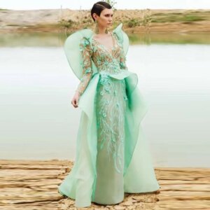 Lace Appliques Prom Party Dress With Overskirt Robe De Soiree Dubai Formal Wear Saudi Arabia V Neck Long Sleeves Evening Gowns