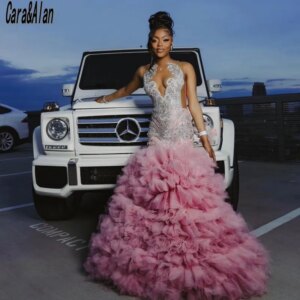 Black Girls Prom Dresses 2025 Luxury Crystals Sequin Mermaid Evening Gowns Ruffles African Women Party Dress Customized