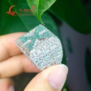 S925 Silver Moissanite Ring for Men Women Big Size Rectangle Baguette Green X round Shape Fine Jewelry Wedding Gift