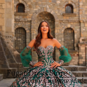 Luxuly Emerald Green Princess Quinceanera Dresses Sparkling sequin decal long strapless bubble sleeve dress vestidos para niñas