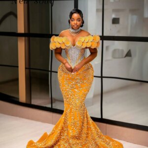 African Aso Ebi Golden Off Shoulder Mermaid Evening Dresses Sheer Long Sleeves Crystals Plus Size Wedding Party Gowns Customize