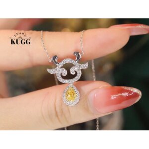 KUGG 100% 18K White Gold Necklace Shiny 0.70carat Real Natural Yellow Diamond Necklace for Women Cute Lamb Shape Party Jewelry