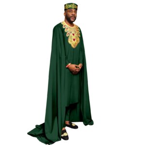 African Men Clothing Embroidery Agbada Robes Shirts and Pants & Hat 4 Piece Set Dashiki Wear Traditional Garments for Wedding