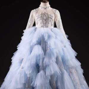 High Quality Sky Blue Princess Special Occasion Flower Girl Dress Wedding Pary Prom Perform Birthday Baby Child Kid Ball Gown