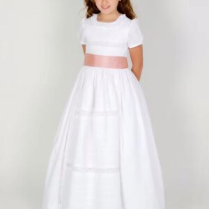 Short Sleeve For Wedding Birthday Party Banquet Princess Gowns Princess Dress Flower Girl Dresses White Satin Lace With Pink Bow