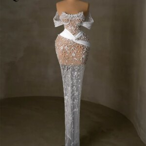 White Pearls Party Dress Off The Shoulder Floor Length See Through Evening Gowns 2024 Customize Floral Beads Sequined Prom Dress