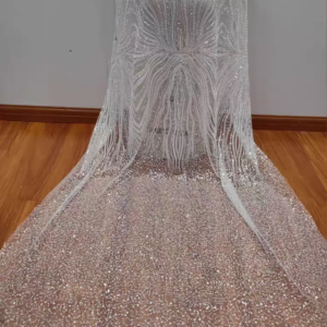 Hot Sale Full Sequins Lace Wave Strips Fabric Bridal Wedding Dress Shining Lace Fabric