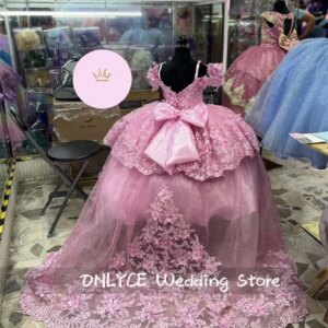 Cute Pink Flower Girls Dresses Applique Pearls Pageant Dresses For Little Girls First Communion Dress Birthday Gown Customized