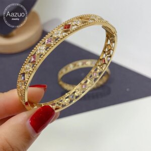 Aazuo 18K Yellow Gold Natrual Real Diamonds Clour Sapphires Rainbow Flower Bangle For Woman Upscale Trendy Engagement Party