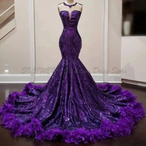 Purple Feathers Mermaid Prom Dresses For Black Girl Sequin Birthday High Quality Women Party 2025 Robes De Bal Evening Gowns